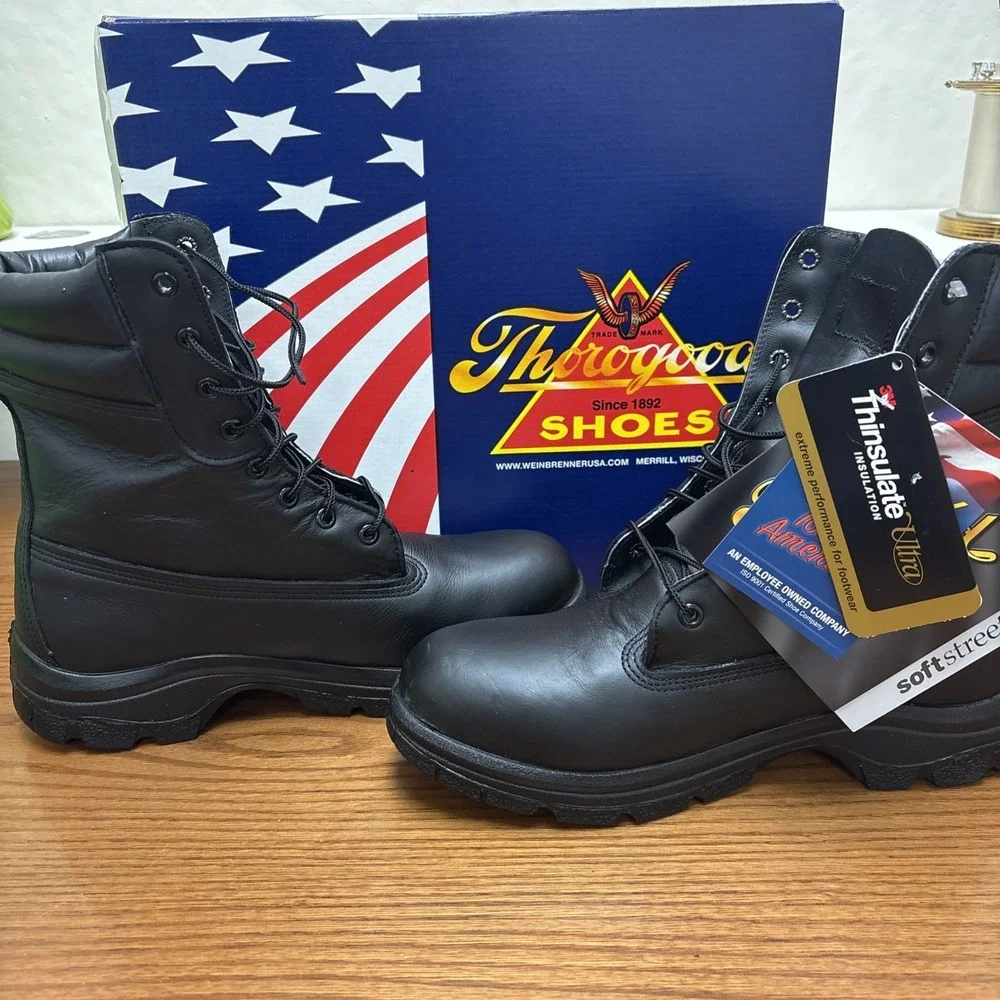 Thorogood SoftStreets 834-6731 Black Leather Insulated Work Boots Mens 8 W USA